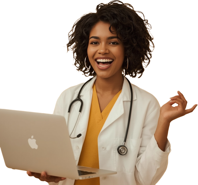 Femme médecin tenant un ordinateur portable - Application médicale Clinoo+